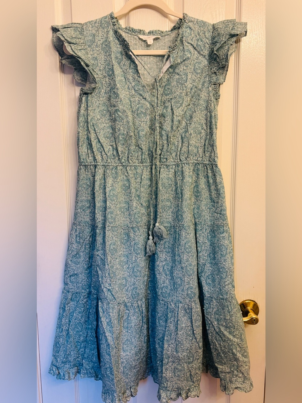 Shabby Chic Seafoam Green Floral Tiered Ruffled Midi 100% Cotton Dress ~ Large